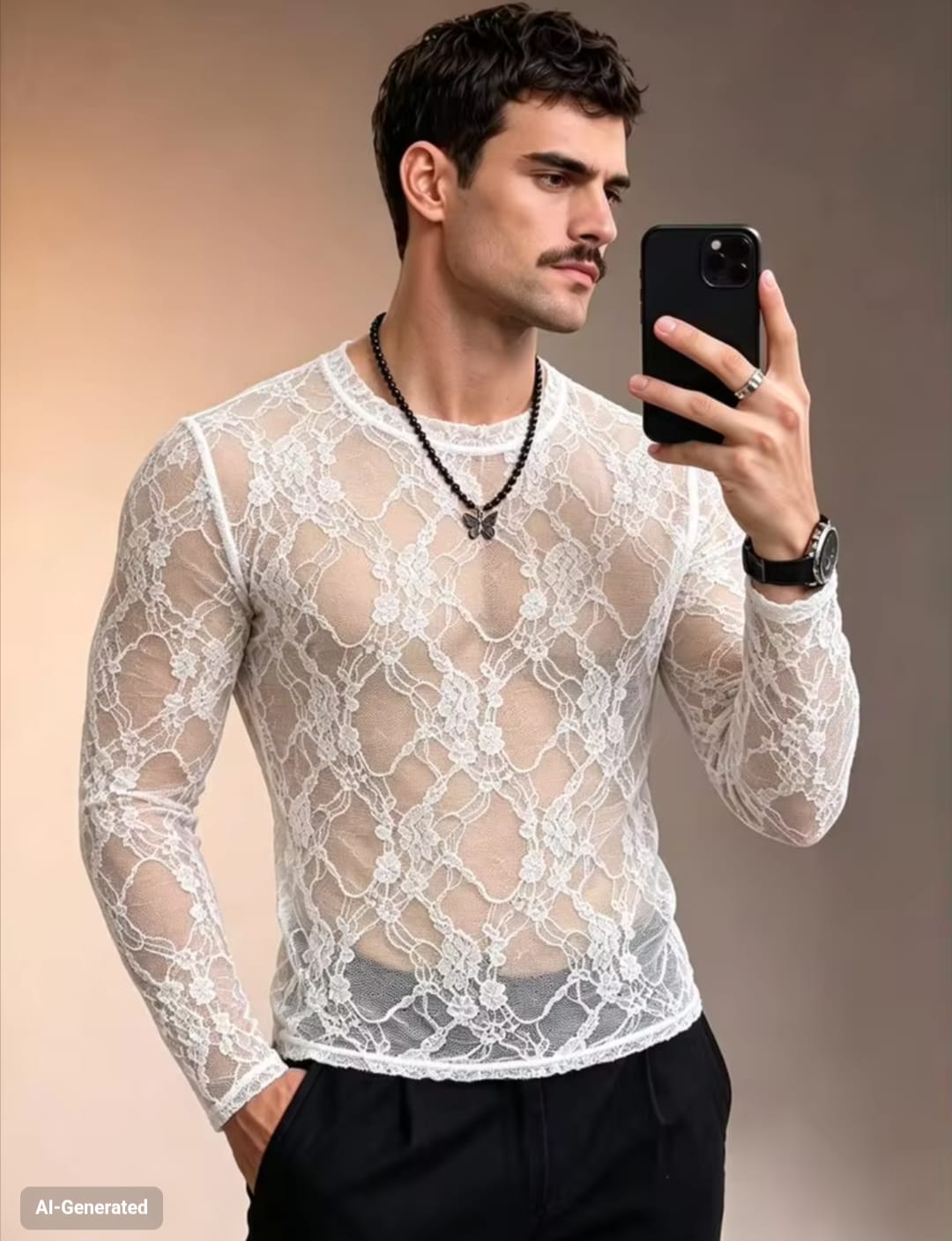 Men's High-Stretch Sheer Floral Lace Crewneck Long Sleeve Fitted T-Shirt
